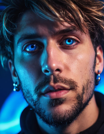 A man with a trendy hairstyle and earring is captured under bright neon lights. His face is deliberately blurred to create a mysterious atmosphere.の素材