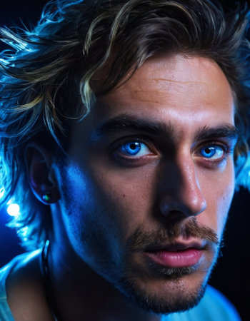 A man with a trendy hairstyle and earring is captured under bright neon lights. His face is deliberately blurred to create a mysterious atmosphere.の素材