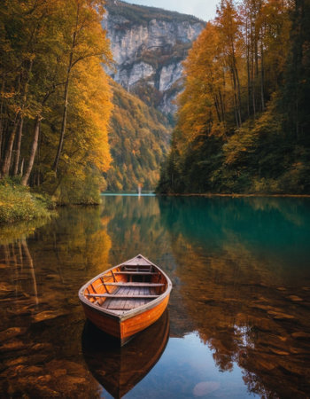 A wooden boat floats on a tranquil lake surrounded by mountains and trees adorned with vibrant autumn foliage. The scene encapsulates the serene beauty of nature.の素材