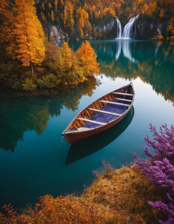 A wooden boat floats on a tranquil lake surrounded by mountains and trees adorned with vibrant autumn foliage. The scene encapsulates the serene beauty of nature.の素材
