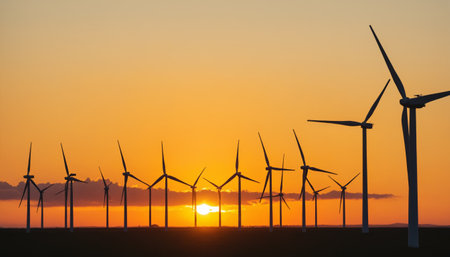 A captivating view of wind turbines silhouetted against a vibrant orange sunset. The image encapsulates the harmony of technology and nature.の素材