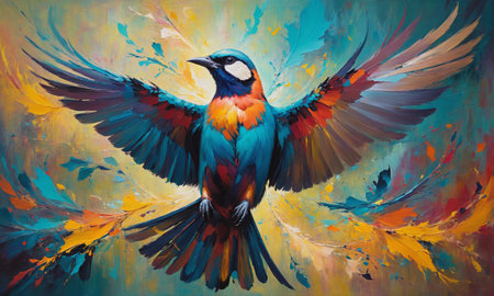 A striking painting of a vibrant bird amidst a backdrop of colorful foliage. The bold hues and intricate details capture the eye.の素材