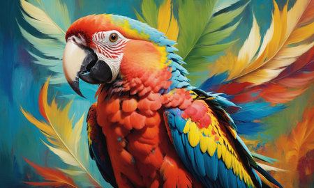 A stunning oil painting capturing a colorful macaw parrot amidst a backdrop of lush foliage. The intricate brushwork highlights the bird's vibrant feathersの素材