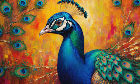 An exquisite oil painting depicting a vibrant peacock with its tail flowingの素材