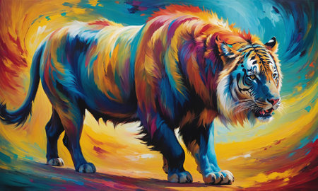 Stunning oil painting of a tiger with colorful fur. Vibrant hues and expressive brush strokes bring this work of art to life, imbuing it with strong emotion and energy.の素材