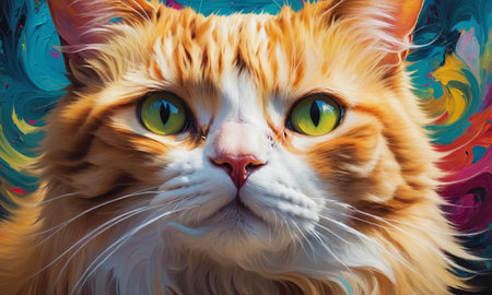 A captivating oil painting showcasing a cat with a fusion of vibrant colors. The intricate brushwork highlights the feline's mesmerizing eyes and textured fur.の素材