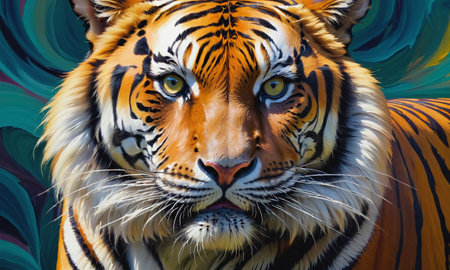 A stunning oil painting capturing a tiger's intense gaze and intricate details. The vivid colors and brush strokes bring this majestic creature to life.の素材