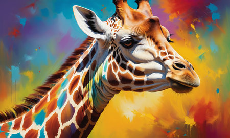 A stunning oil painting capturing a giraffe s grace against a backdrop of vivid colors. The detailed brushwork highlights the animal's elegant features and the dynamic backgroundの素材
