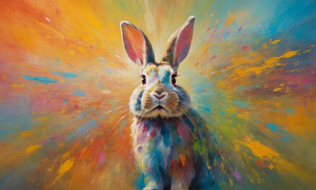 Colorful easter bunny on abstract background. Digital painting effect.の素材