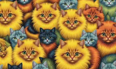 A bright kuzor depicting multi-colored cats nestled among lush foliage. Each cat is painted with intricate details and vibrant hues.の素材