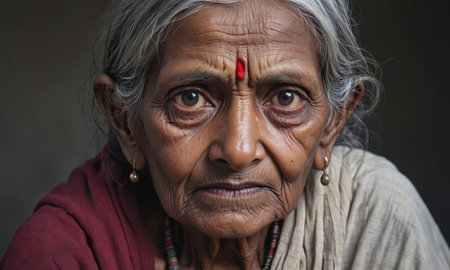 Portrait of an old Indian woman with gray hair, close upの素材