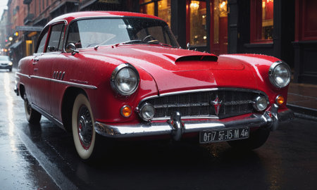A classic red car with a shiny exterior is parked on a wet city street. The rain enhances the vibrant color of the vintage automobile.の素材