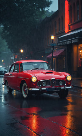 A classic red car with a shiny exterior is parked on a wet city street. The rain enhances the vibrant color of the vintage automobile.の素材