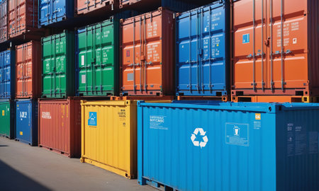 A vibrant image showing four colorful recycling bins labeled with recycle symbols in a container yard.の素材
