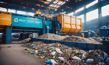 A busy modern recycling plant interior with piles of mixed recyclable materials and industrial machinery for sorting and processing.の素材