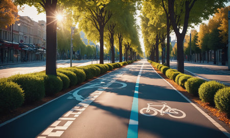 A serene city park at sunrise with long shadows casting over the jogging path surrounded by lush green trees and a clear sky.の素材