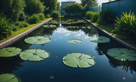 Lily pads in a small pond in a garden in the summerの素材