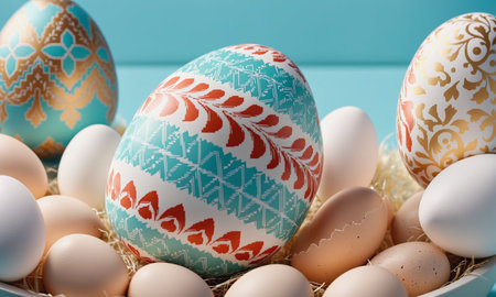 Easter eggs in a basket on a blue background, close-upの素材