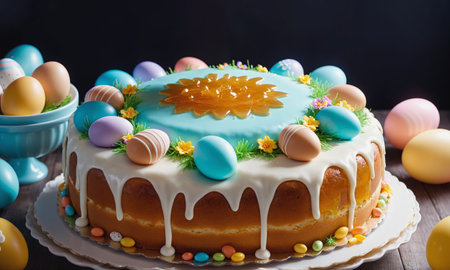 A beautifully decorated Easter cake surrounded by colorful eggs. The cake is adorned with a blue icing and a variety of edible decorations.の素材