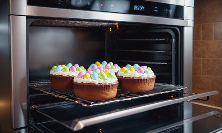 A batch of freshly baked cupcakes adorned with colorful icing and candies sits inside a modern oven.の素材
