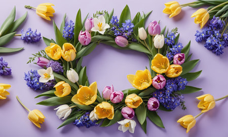 A stunning arrangement of spring flowers forming a heart shape. Vivid tulips and hyacinths create a vibrant display.の素材