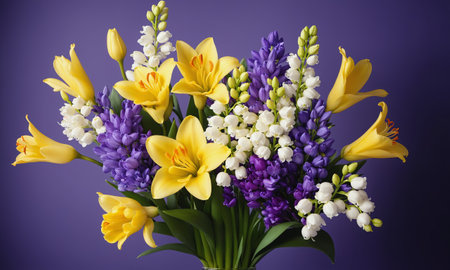 A stunning bouquet featuring bright yellow lilies surrounded by purple and white blooms against a gray backdrop.の素材