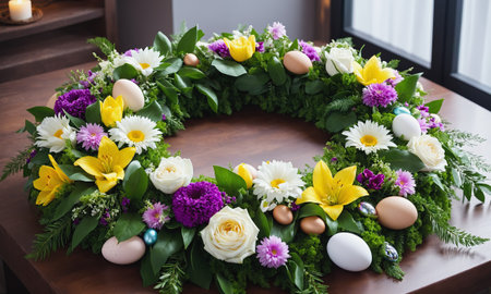 A vibrant Easter wreath adorned with colorful eggs and spring flowers lies on a wooden surface.の素材