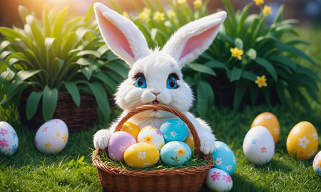 A whimsical Easter bunny holding a basket of colorful eggs amidst a blossoming garden bathed in warm sunlight.の素材