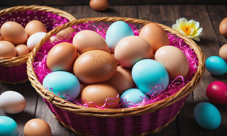 A vibrant mix of colorful Easter eggs nestled in a woven basket on a rustic wooden table.の素材