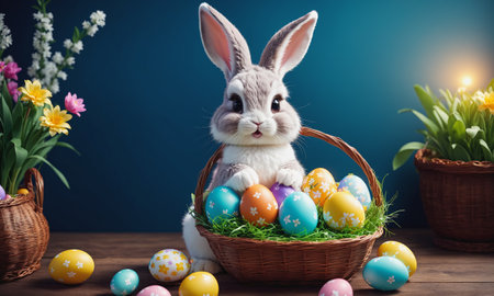 A whimsical Easter bunny holding a basket of colorful eggs amidst a blossoming garden bathed in warm sunlight.の素材