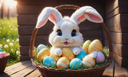 A whimsical Easter bunny holding a basket of colorful eggs amidst a blossoming garden bathed in warm sunlight.の素材