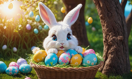 Cute easter bunny with basket of colorful eggs in the gardenの素材
