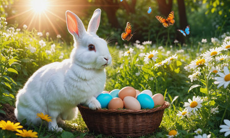 A magical scene of a white Easter bunny with a basket of colorful eggs surrounded by butterflies in an enchanted spring forest.の素材