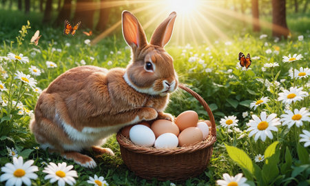 Easter bunny with basket of eggs and daisies on meadowの素材