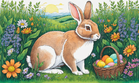 A vibrant illustration of a cute bunny with a basket of colorful Easter eggs amidst blossoming spring flowers.の素材