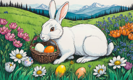 A vibrant illustration of a cute bunny with a basket of colorful Easter eggs amidst blossoming spring flowers.の素材