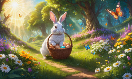 Easter bunny with basket of eggs on the meadow full of flowersの素材