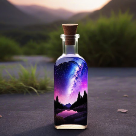 Magic potion in a bottle with forest and mountain landscape on the backgroundの素材
