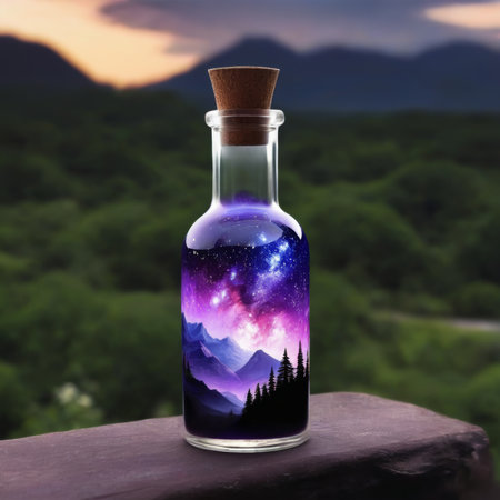 Magic potion in bottle with alpine landscape on background, magic conceptの素材