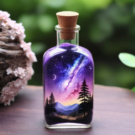 Magic potion in glass bottle with mountains and forest on wooden table outdoorsの素材