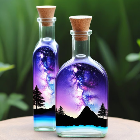 Beautiful magic potion in bottles with forest and mountains on nature backgroundの素材
