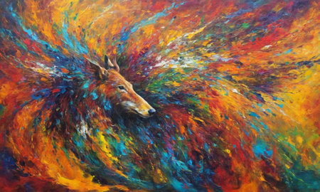 Painting of a deer in the form of an abstract background.の素材