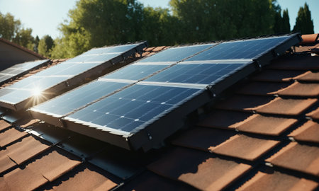 Solar panels on the roof of a house. Solar panels on the roof of a house.の素材