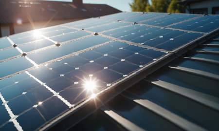 Solar panels installed on the roof of a house. Alternative energy source.の素材