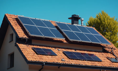 Solar panels on the roof of a house. Alternative energy sourceの素材