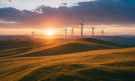Wind turbines on the hills at sunset. Windmills for electric power productionの素材