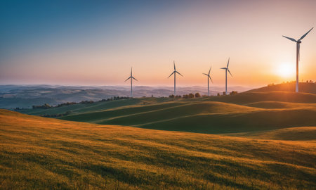 Wind turbines on the hills of Tuscany at sunrise,の素材
