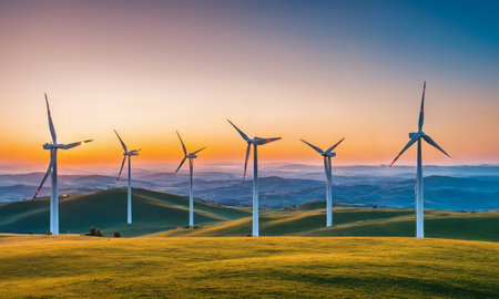 Wind turbines on the hills at sunset. Windmills for electric power productionの素材