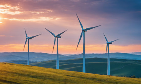 Wind turbines on the hills at sunset. Windmills for electric power productionの素材