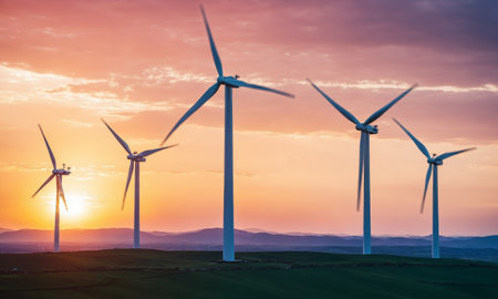 Wind turbines on the hills at sunset. Windmills for electric power productionの素材